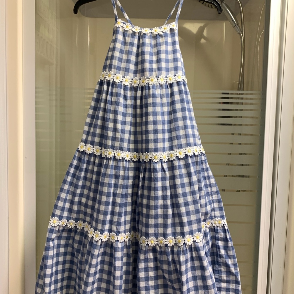Isaac Mizrahi Blue & White Gingham Tiered Sundress with Daisy Trim size 7 EUC